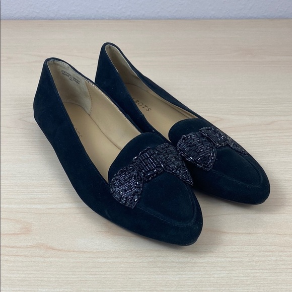 Talbots Black Suede Flats with Beaded Bow Size 6 - Picture 1 of 8